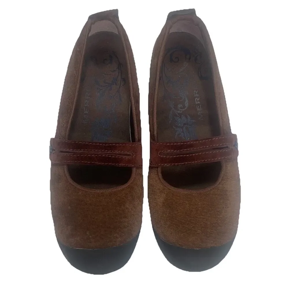 MERRELL Plaza Bandeau Mary Jane Women 9.5 Cherry Oak Brown Suede Slip-On EUC